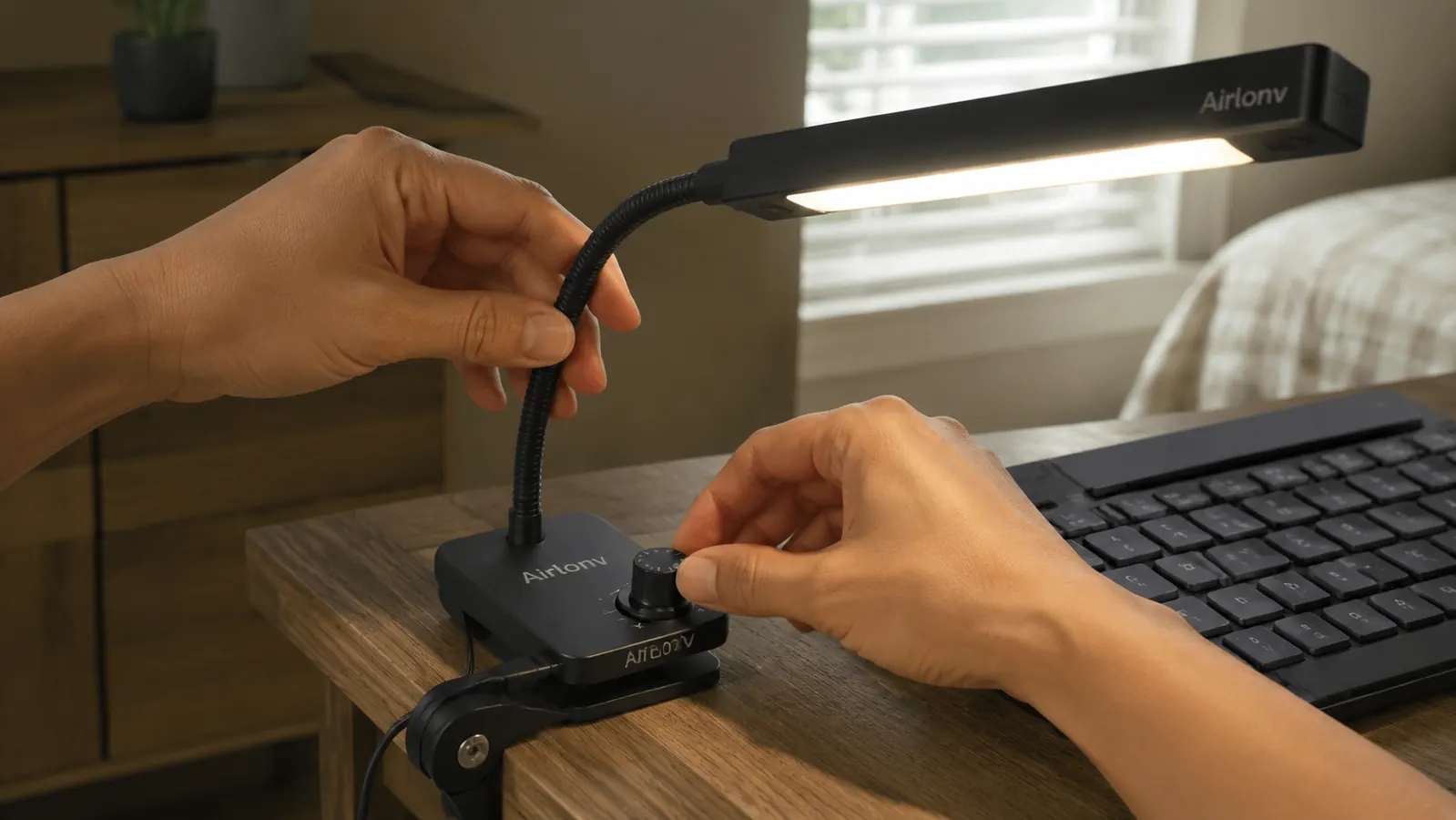 Hand adjusting the gooseneck arm of a black clamp desk lamp mounted to the edge of a desk