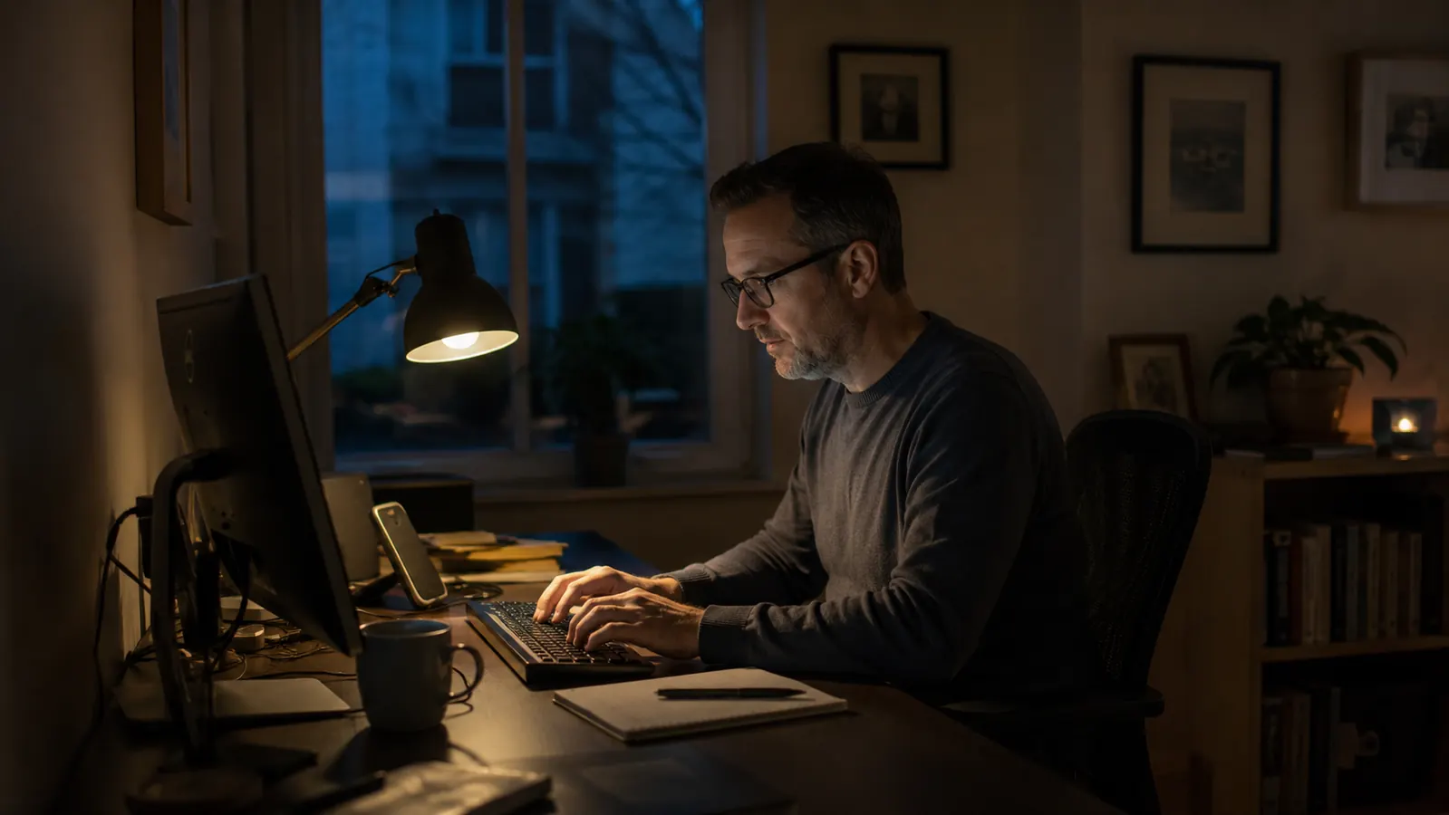Person working late at a small home office desk with warm desk lamp light and dim overhead room lighting