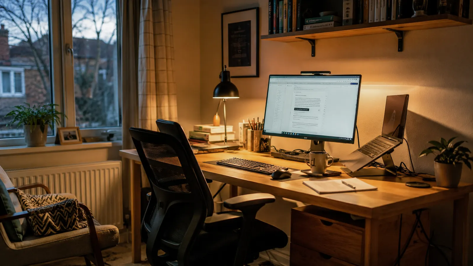 Home office desk at dusk with a warm LED desk lamp lighting a keyboard and notebook next to a monitor