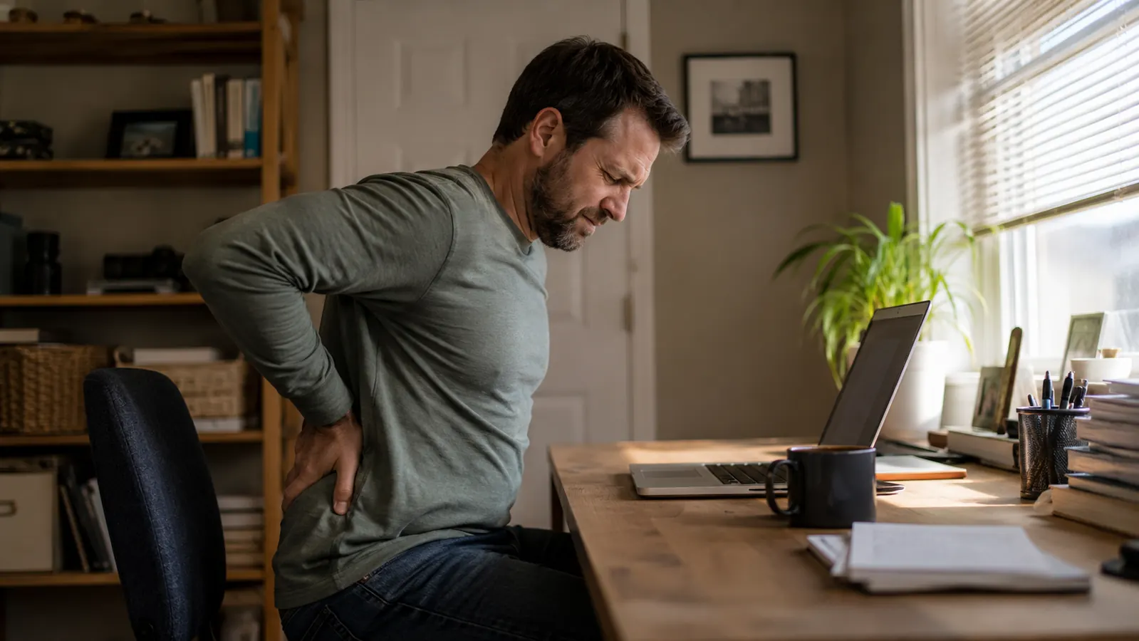 Man rubbing his lower back while sitting at a spare-bedroom desk