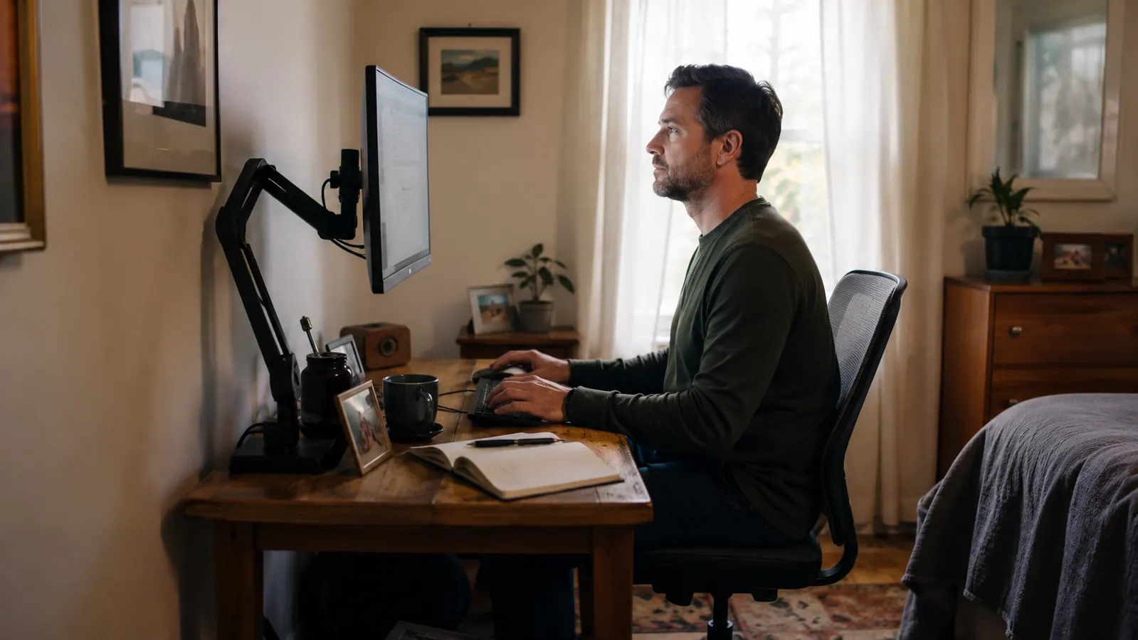 Home office desk in a small spare bedroom with a monitor raised on an adjustable arm at eye level
