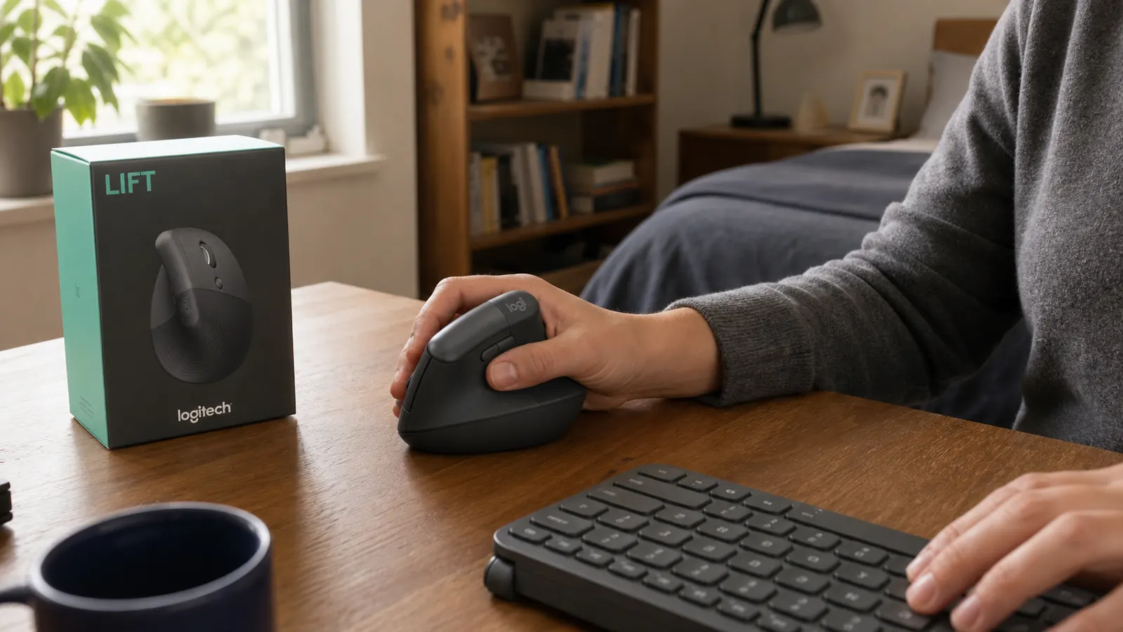Logitech Lift vertical mouse set up next to a keyboard on a home office desk