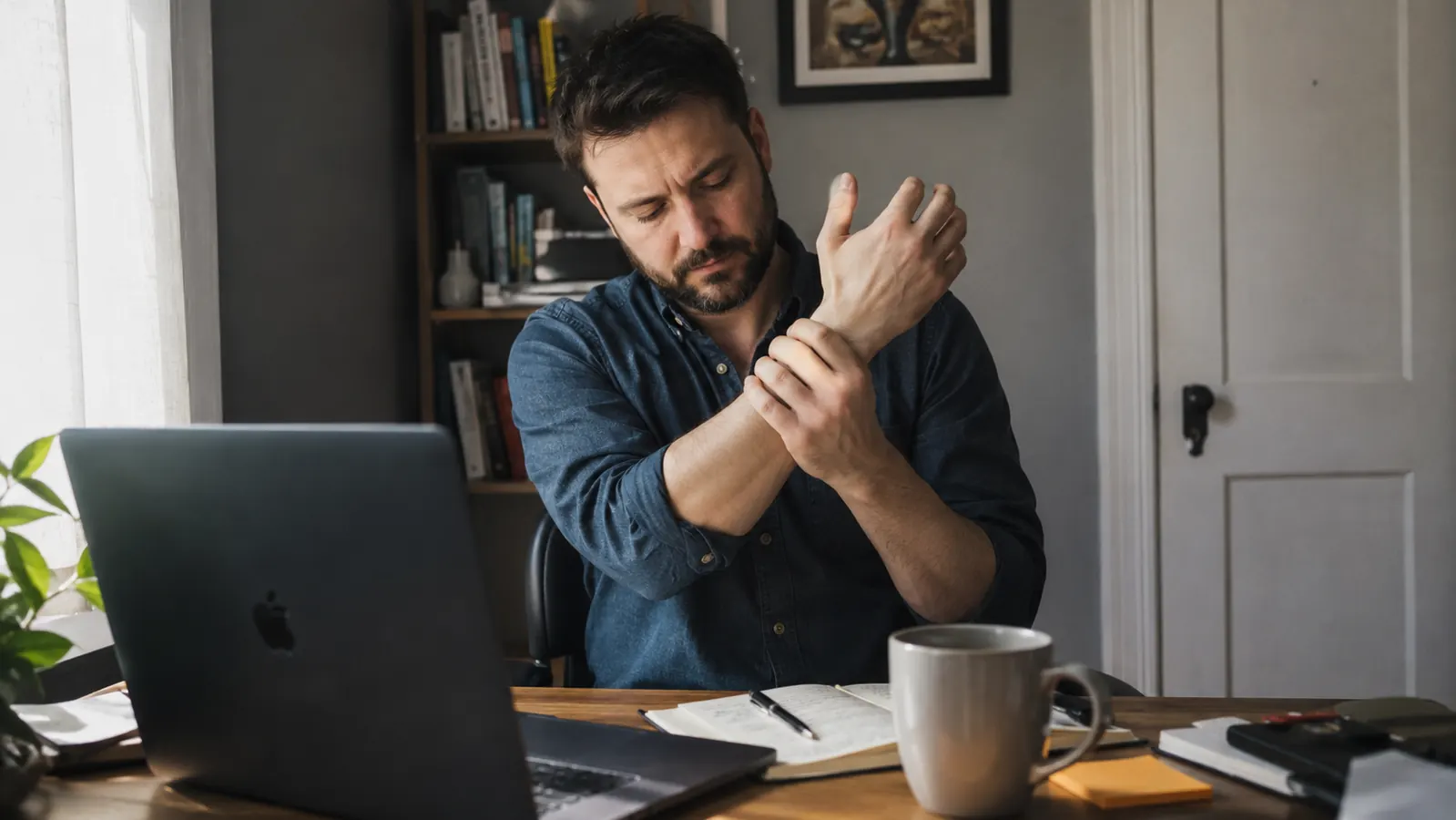 Person at a spare-bedroom desk rubbing their wrist while sitting near a laptop