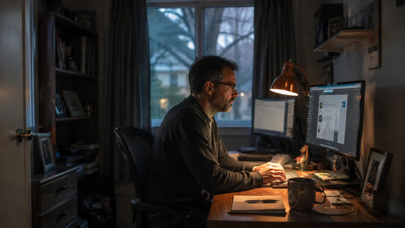 A small home office desk at dusk, warm lamp light pooling over the keyboard while the rest of the spare bedroom fades into shadow