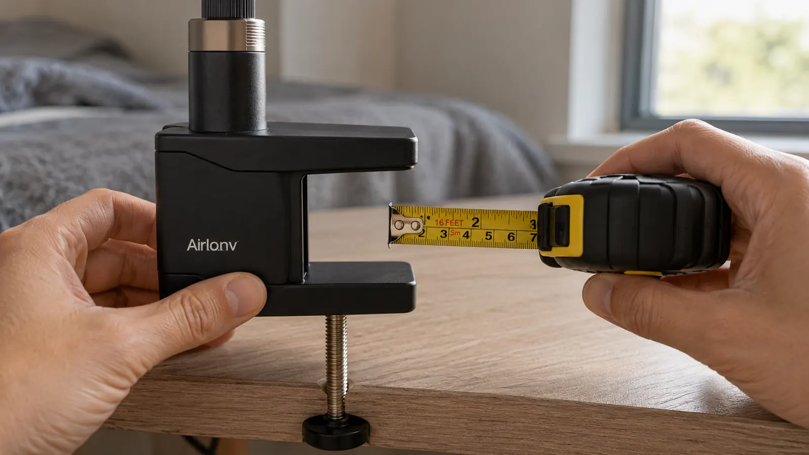 Hand holding a tape measure against the clamp jaw of the Airlonv desk lamp to check maximum desk thickness