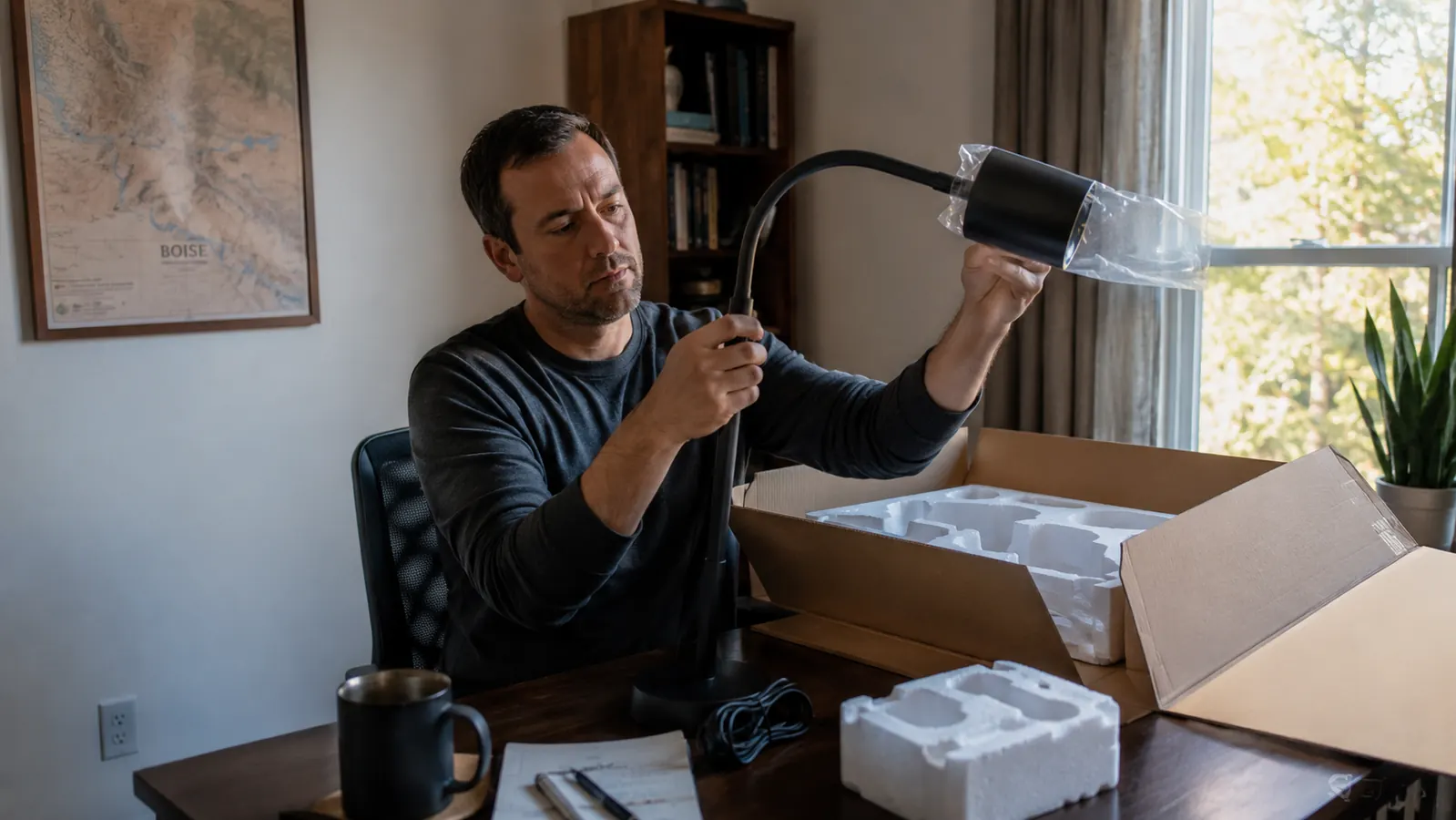 Black Airlonv LED desk lamp partway through unboxing, still sitting in its foam packaging next to an open box on a desk