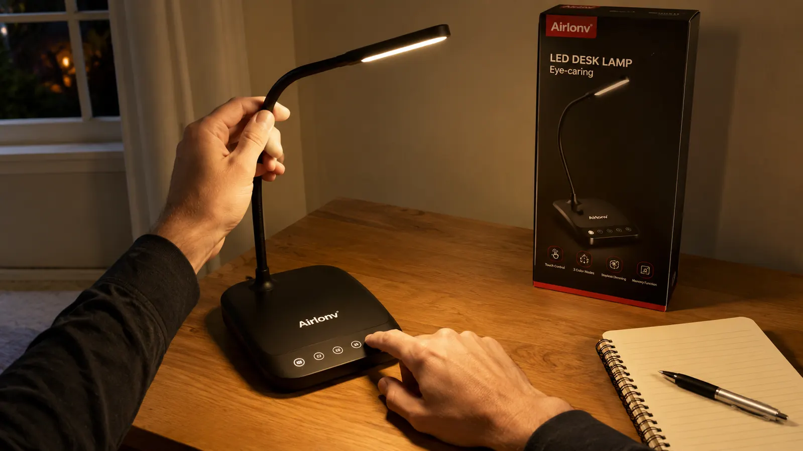 Hand adjusting the gooseneck of the Airlonv desk lamp and pressing the dimming touch panel on the base