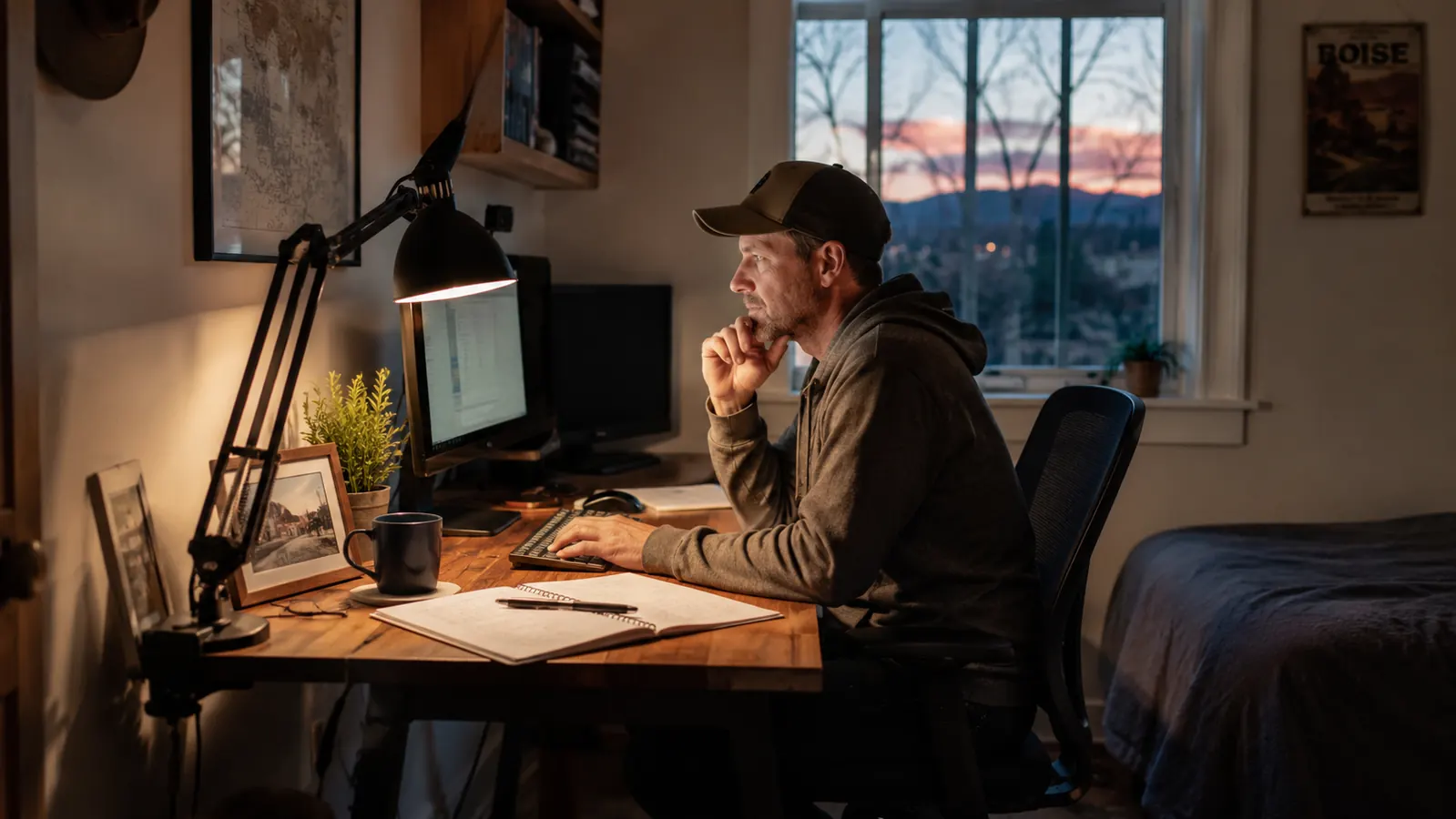 Black Airlonv LED desk lamp clamped to a spare-bedroom desk, glowing warm light over a keyboard at dusk