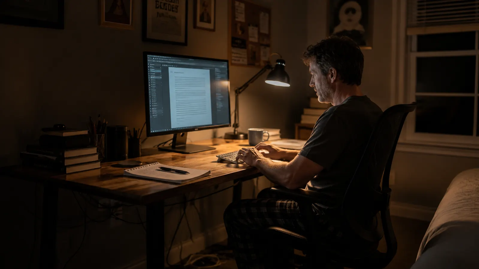 Person working late at a desk lit by a focused desk lamp while the rest of the room stays dim