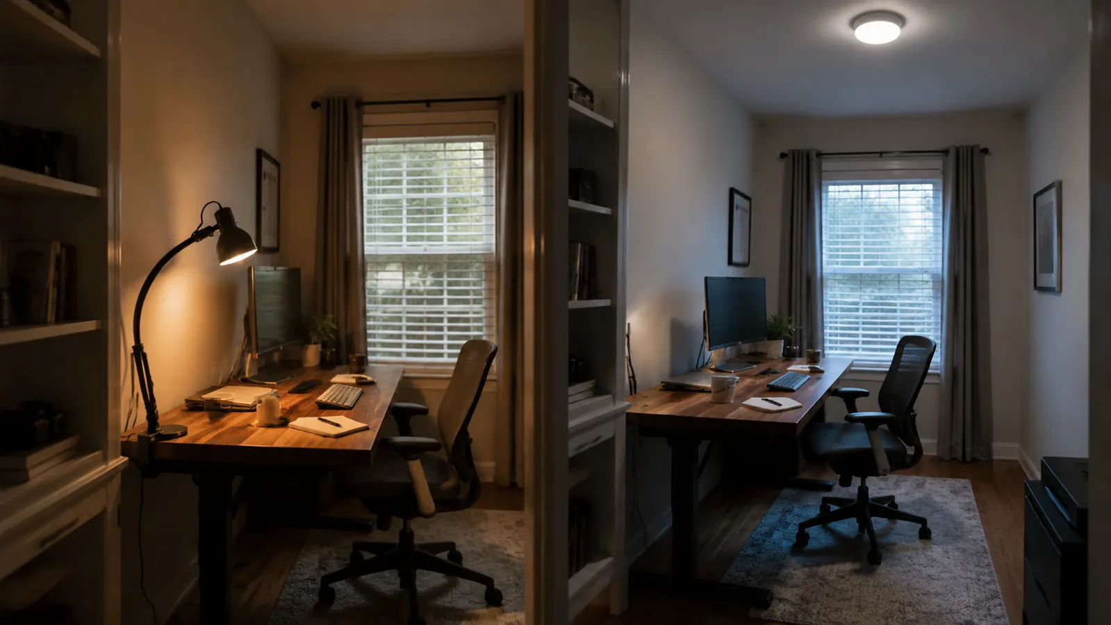 Split scene showing a clamp-on LED desk lamp beside a plain overhead ceiling light in a home office