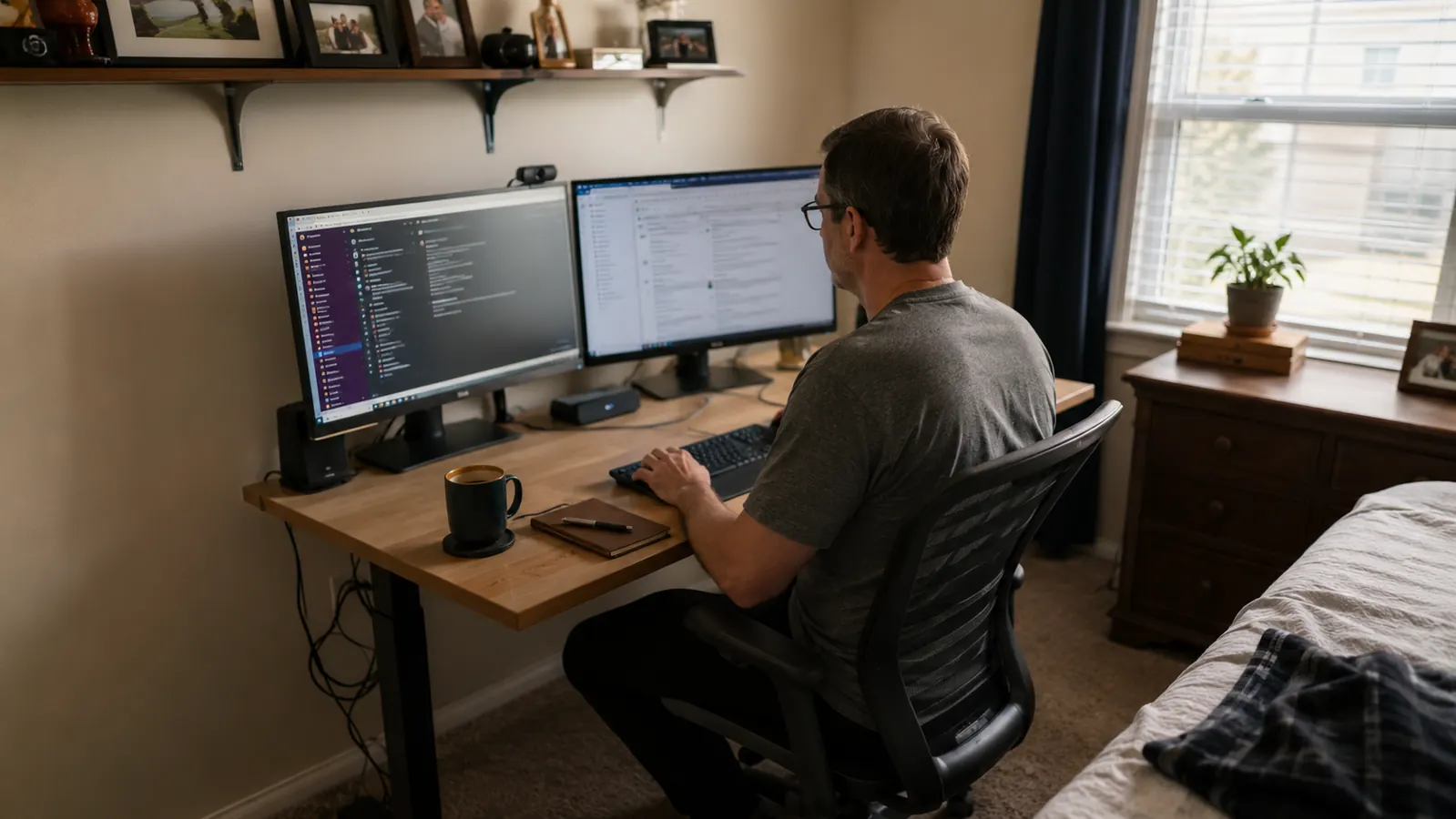 Home office desk at sitting height with two monitors and cables routed neatly along a leg
