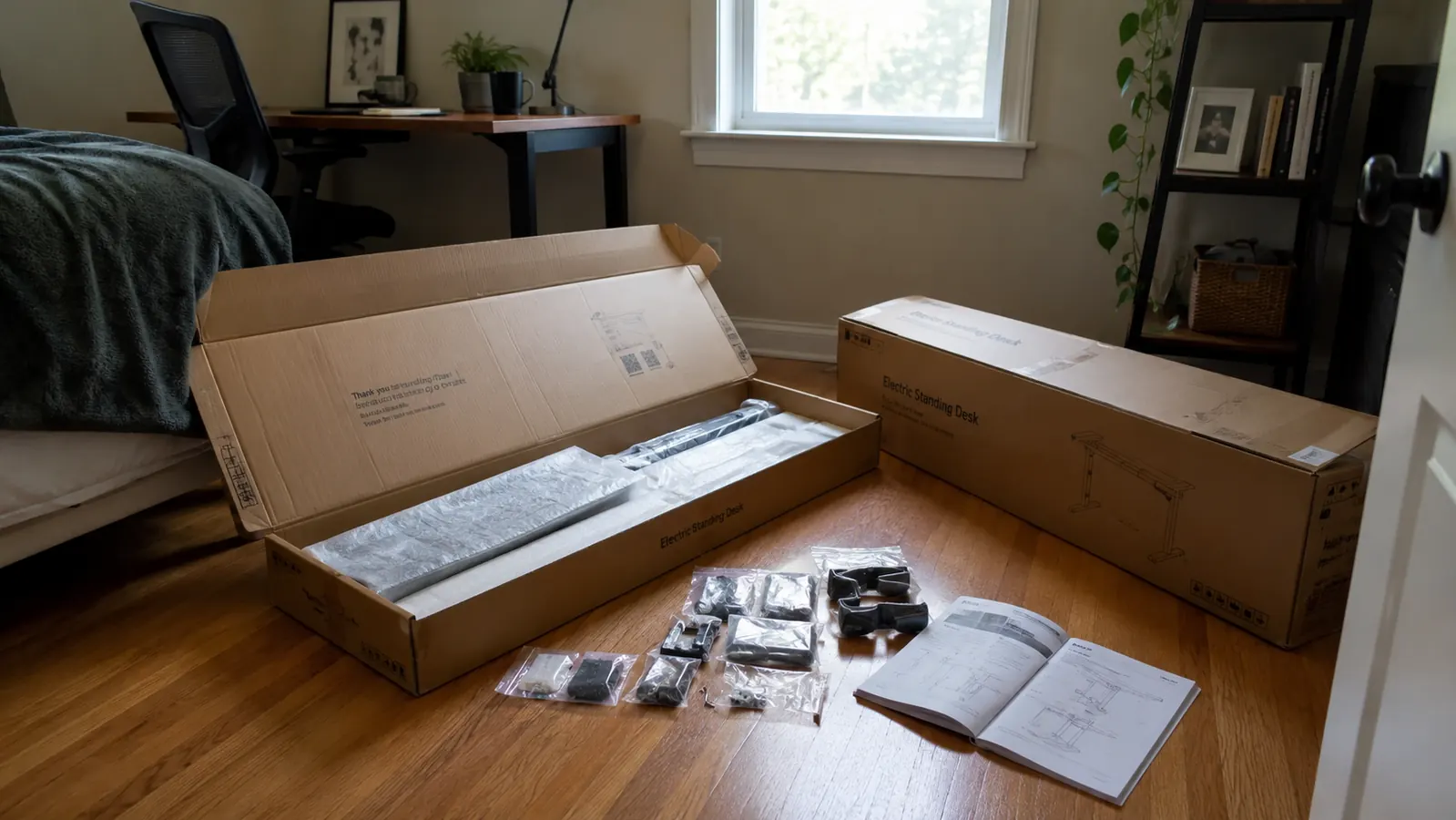 Open FEZIBO standing desk shipping boxes and hardware bags laid out on a spare-bedroom floor before assembly