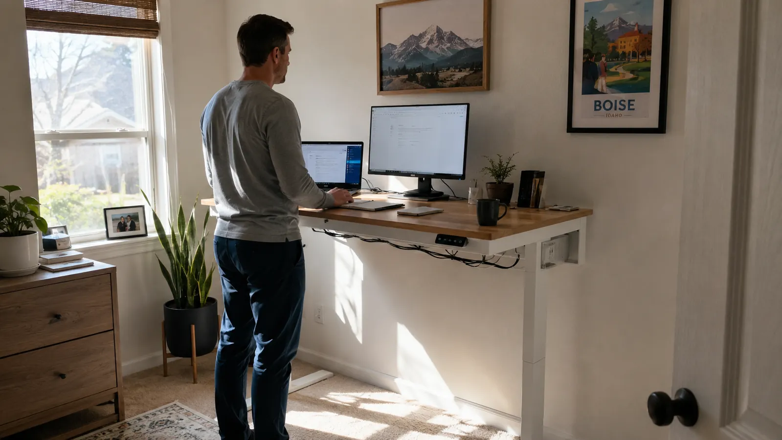 White-framed FEZIBO standing desk raised to standing height in a small spare-bedroom home office with morning light through the window