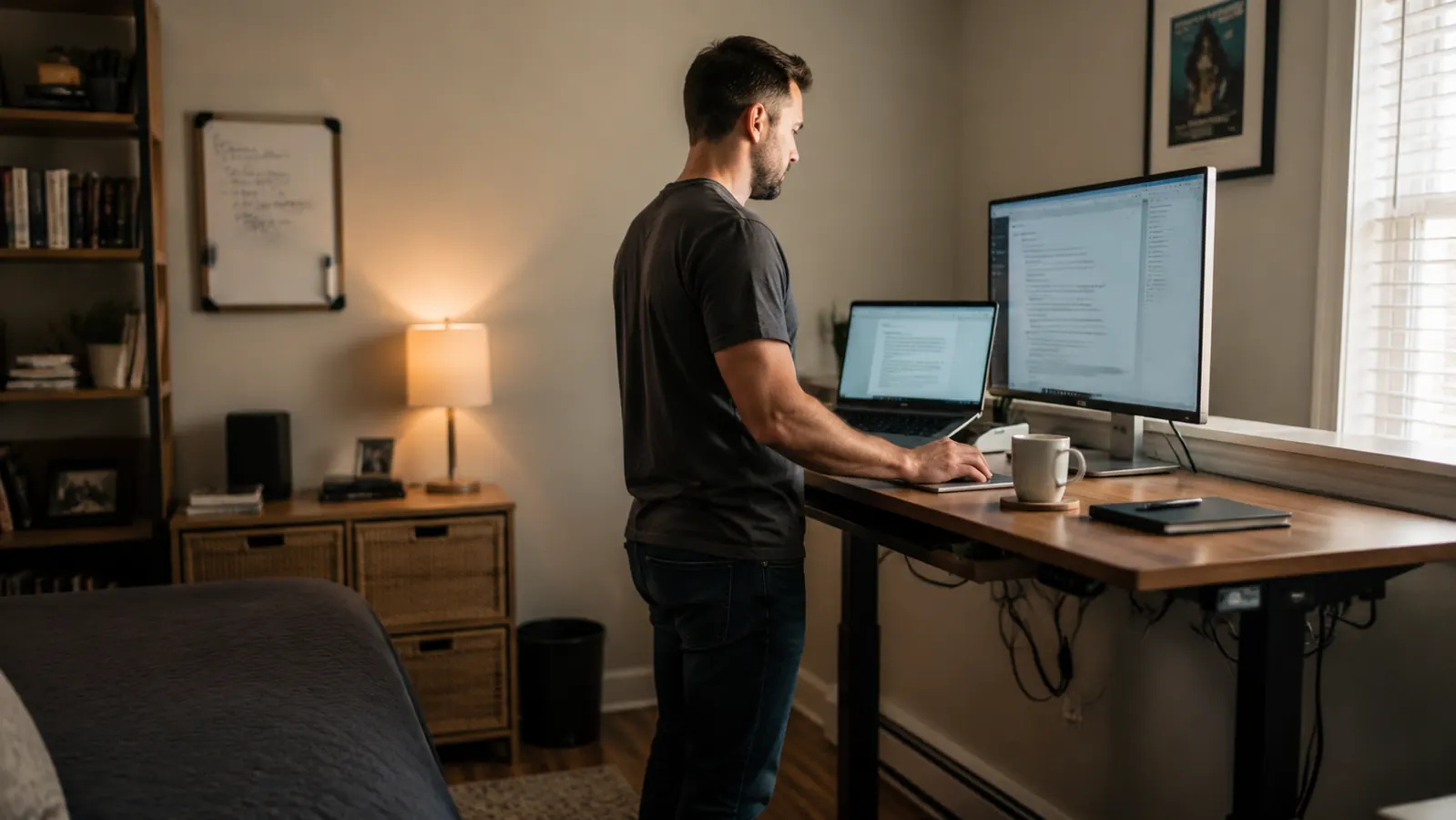 Person standing at a height-adjustable desk working on a laptop in a converted spare bedroom
