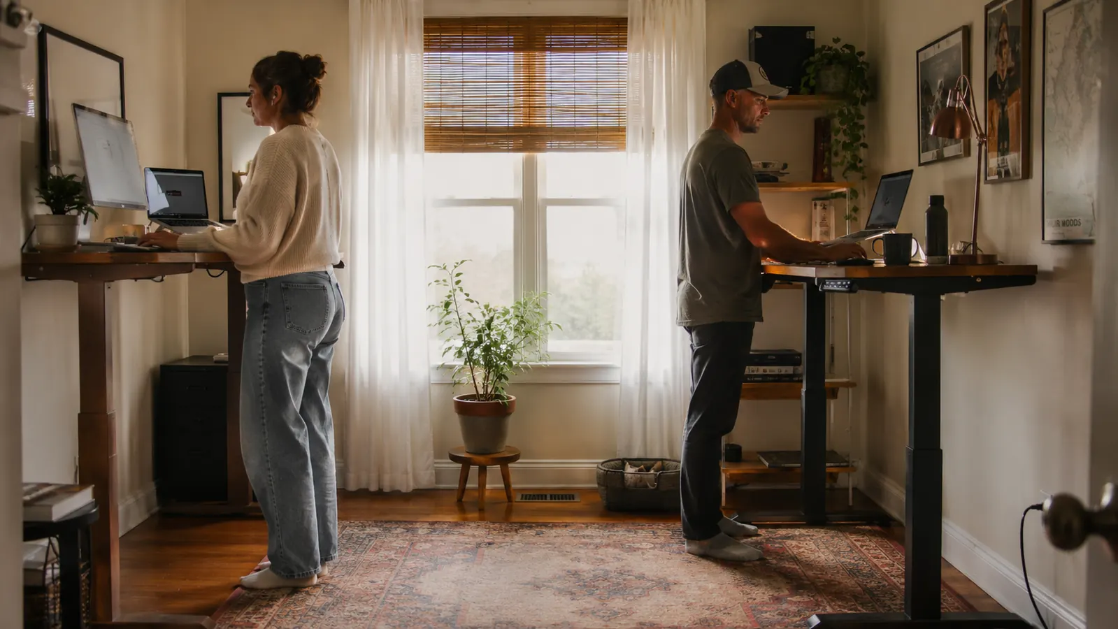Split scene showing a budget electric standing desk beside a premium standing desk in a home office