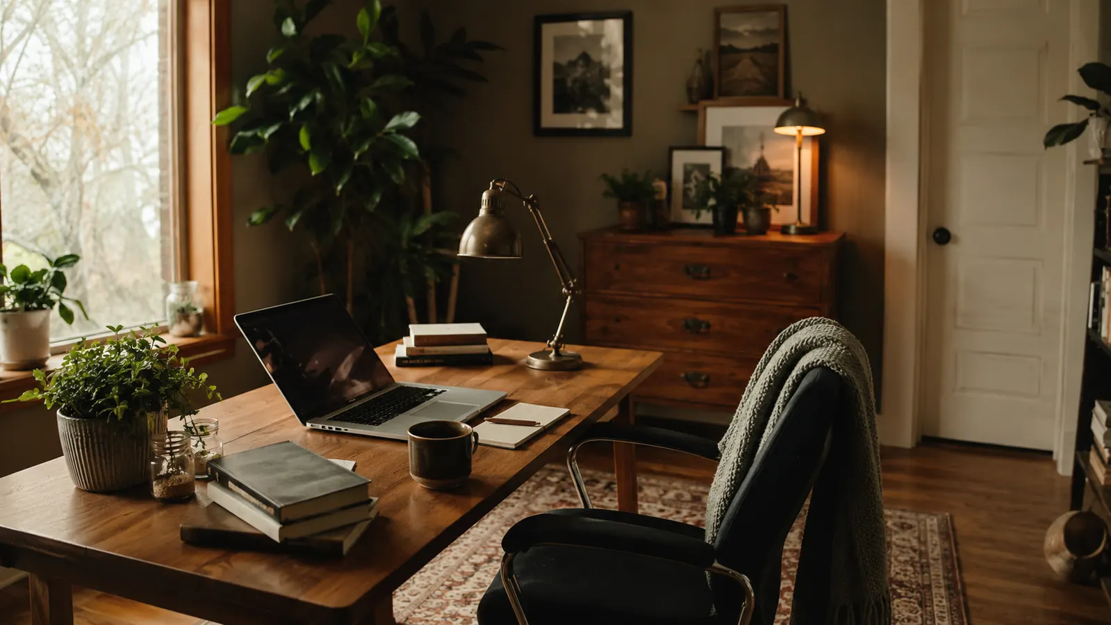 A tidy spare-bedroom home office with a wooden desk, warm lamp light, and organized work gear