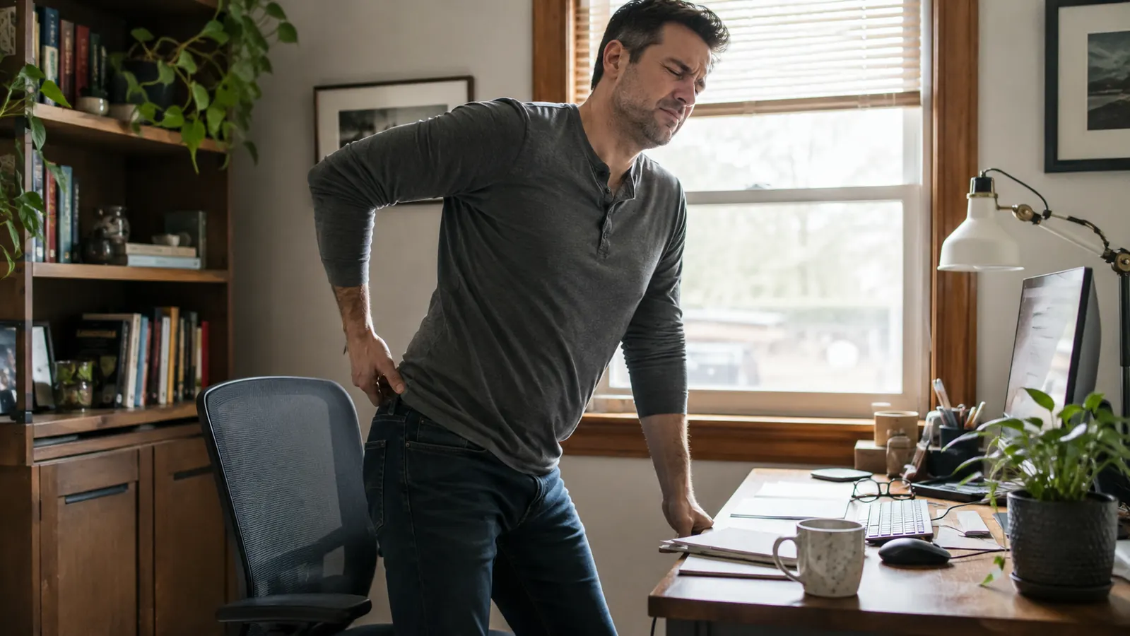 Man standing up and stretching beside his desk chair during a work break