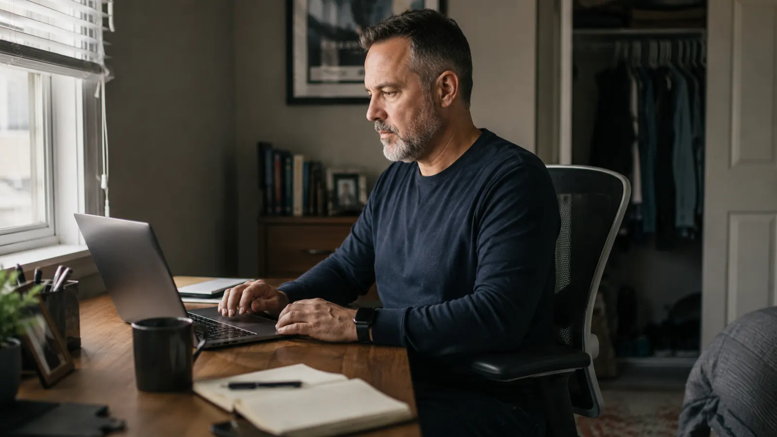 Man sitting upright at a home office desk in a spare bedroom, mesh ergonomic chair supporting his lower back