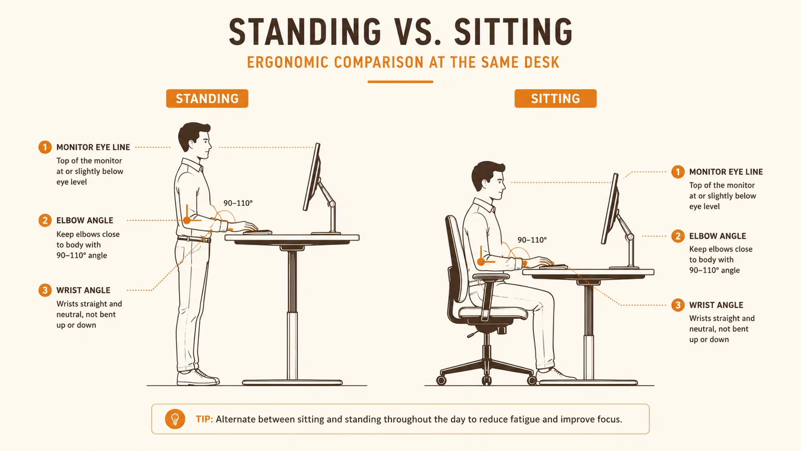 Side-profile diagram showing correct elbow, hip, and eye-line angles for standing and sitting desk heights