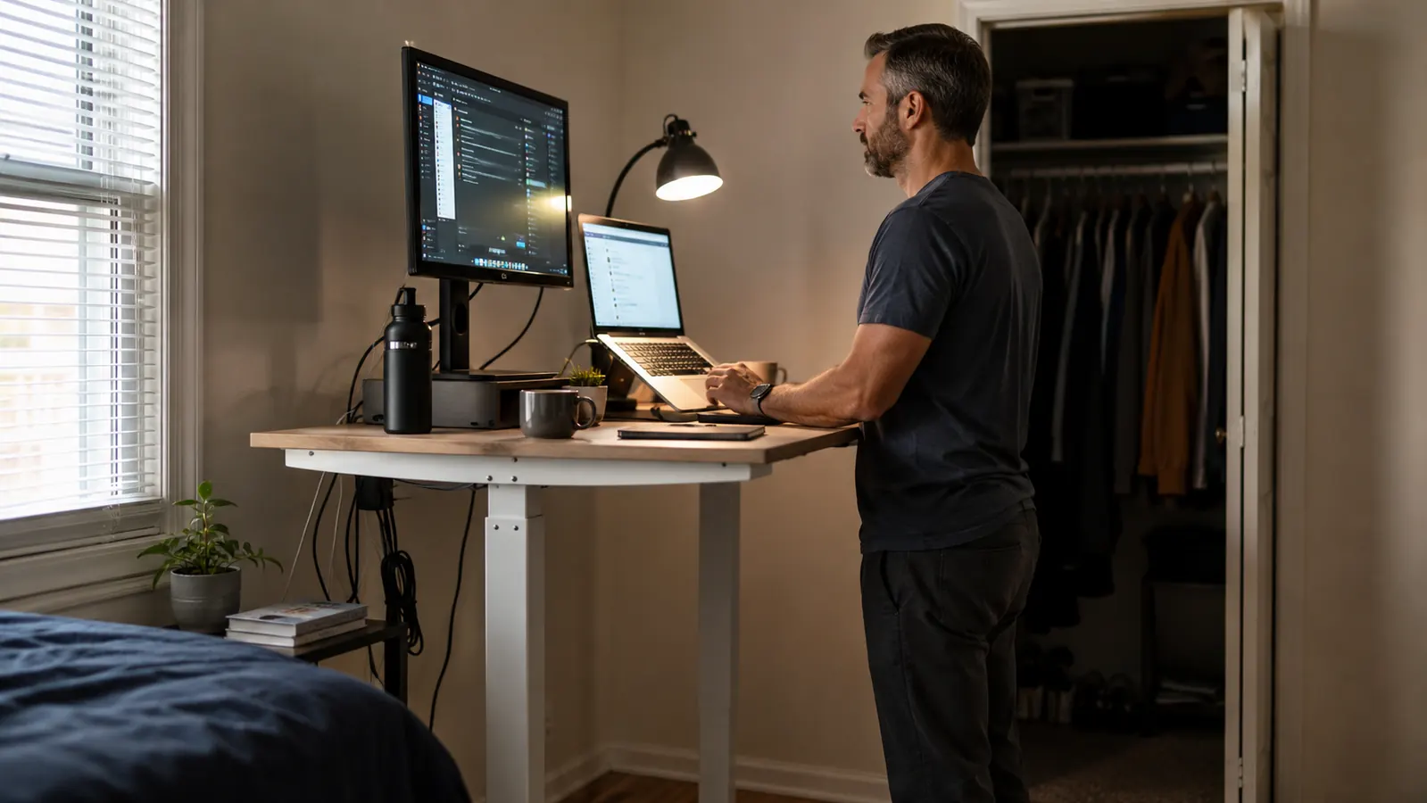 Man standing upright at a height-adjustable standing desk in a small spare-bedroom home office, monitor at eye level