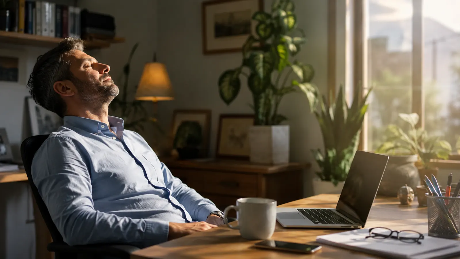 A person resting their eyes and looking away from their monitor toward a window during a work break
