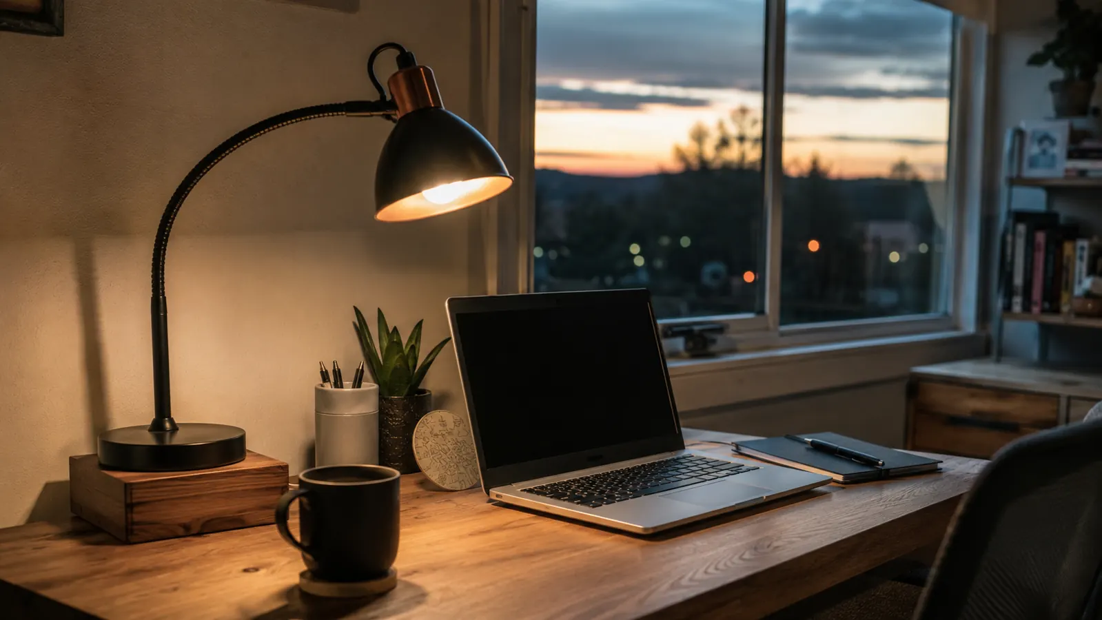A warm desk lamp glowing beside a laptop in a dim spare-bedroom home office at dusk