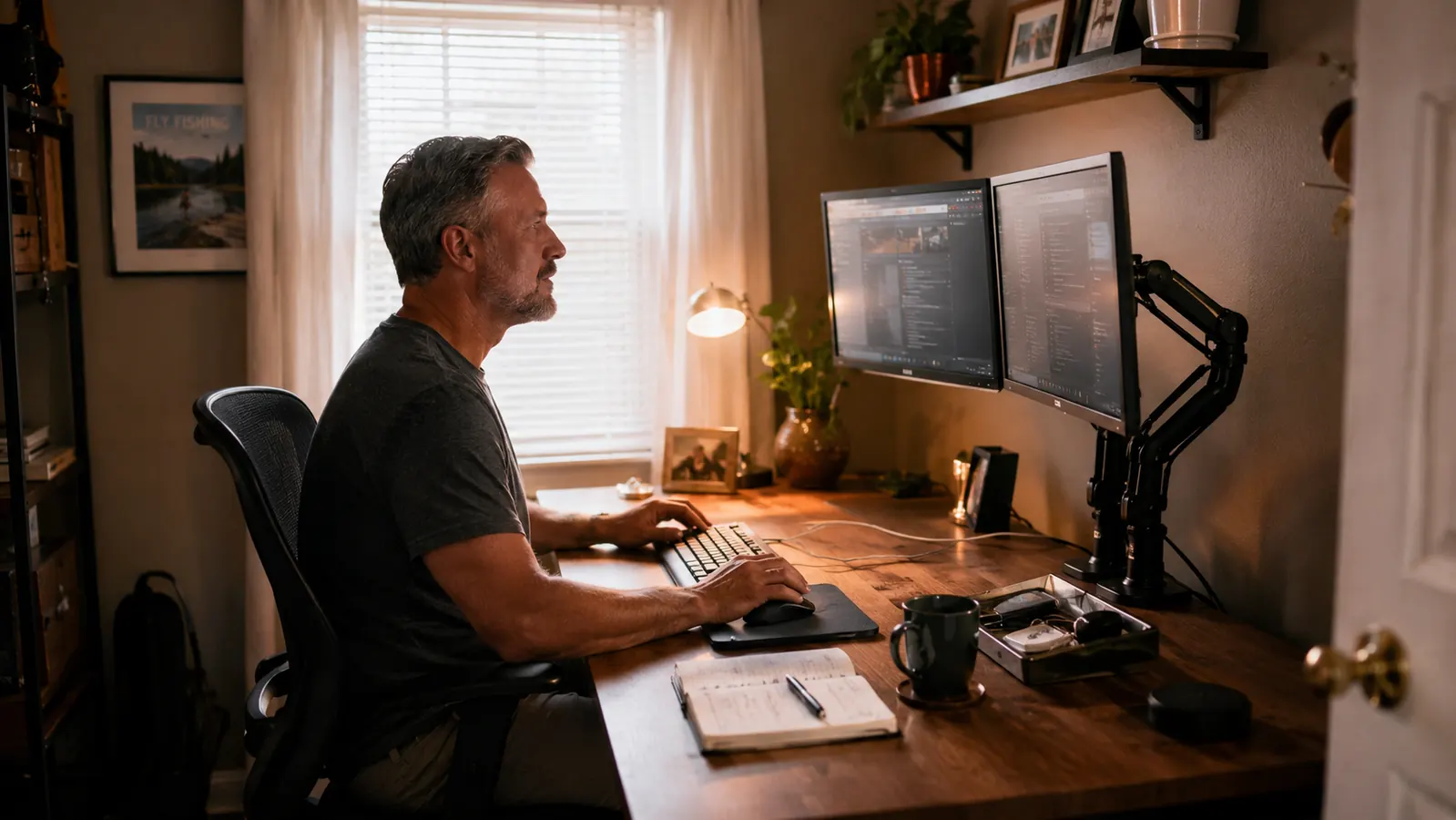 Man at a small home office desk with two monitors raised on a dual monitor mount, sitting upright with a straight neck