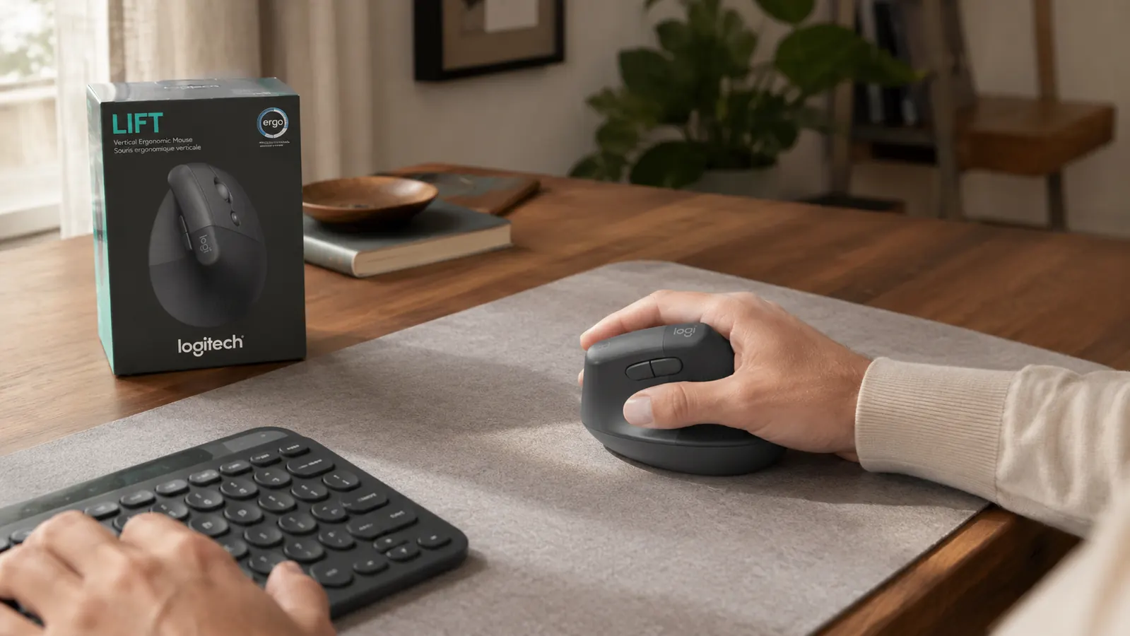 Close up of a hand gripping the Logitech Lift vertical mouse in a natural handshake position