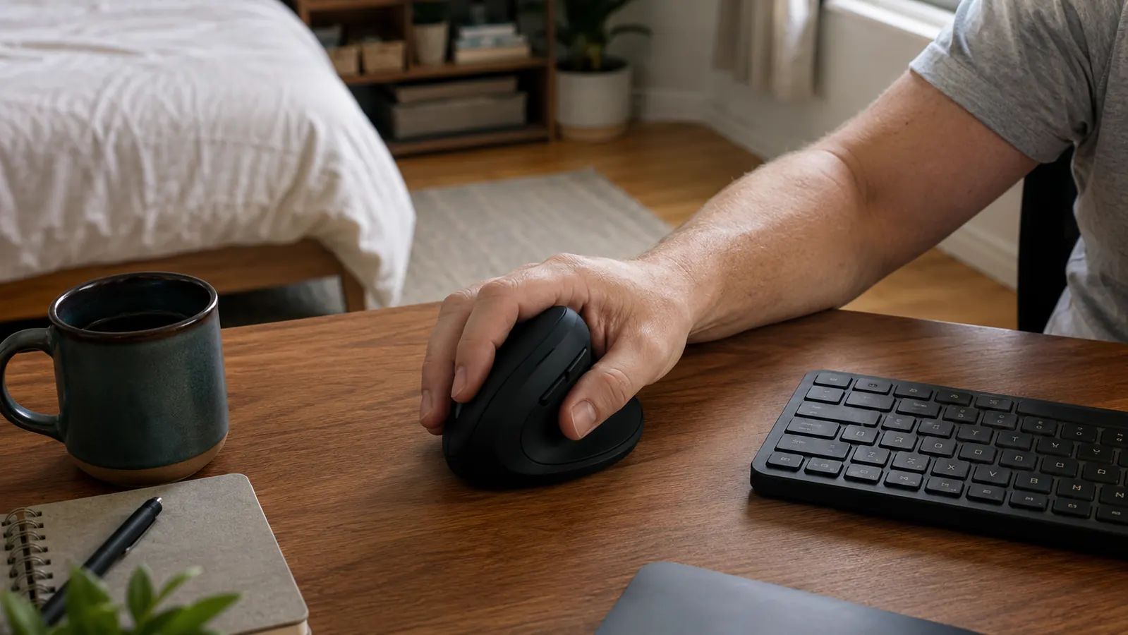 A hand resting comfortably in a handshake grip on a vertical mouse next to a keyboard on a wood desk