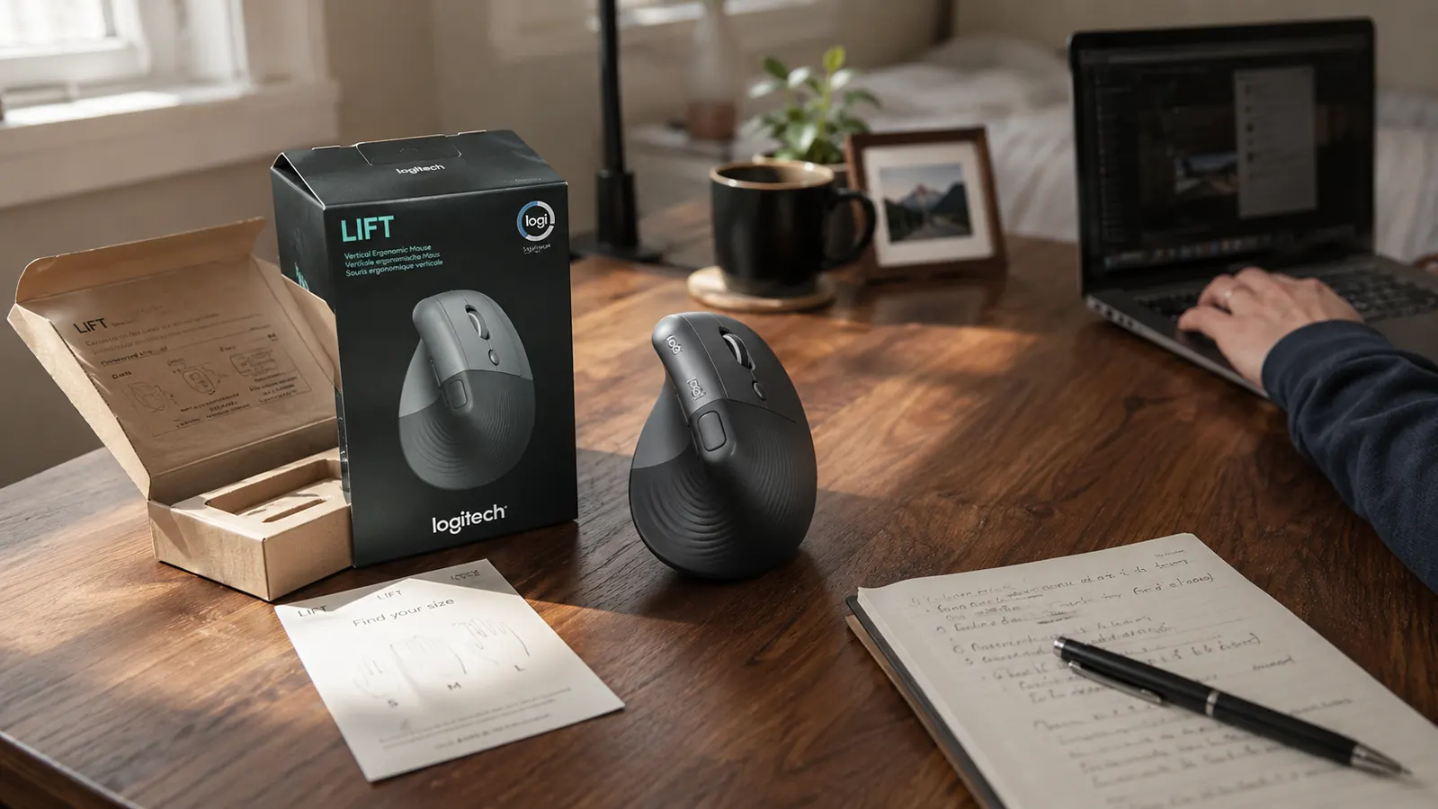 Logitech Lift vertical mouse standing upright next to its retail box on a wood desk