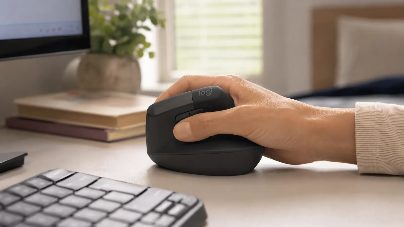 Hand resting on the Logitech Lift vertical mouse at its natural angled grip while working at a desk