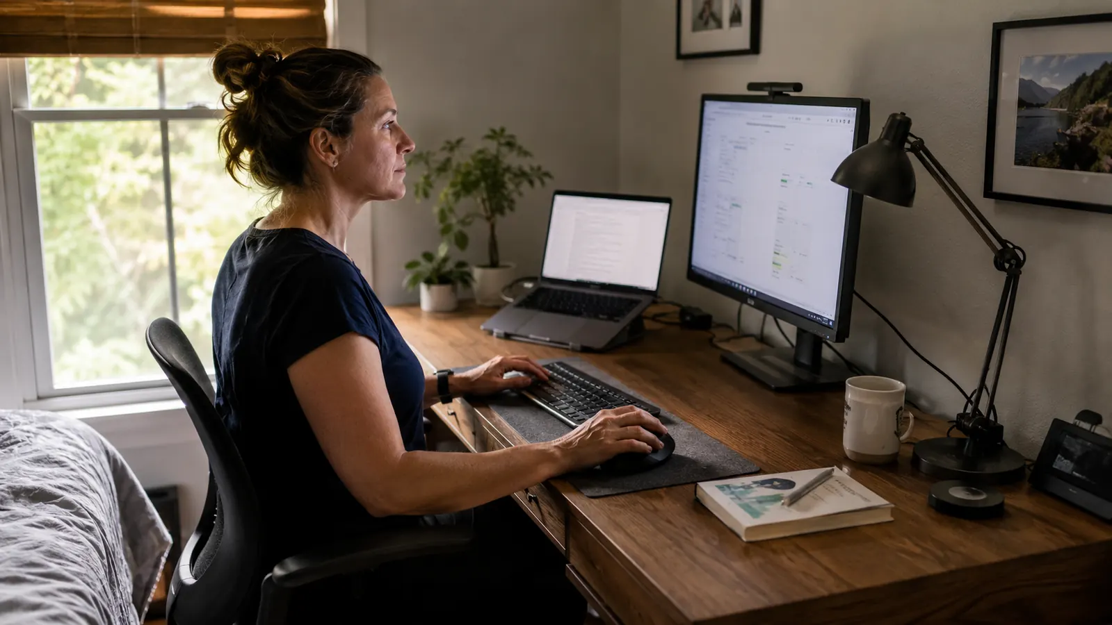 Logitech Lift vertical mouse sitting on a warm wood-toned home office desk beside a laptop