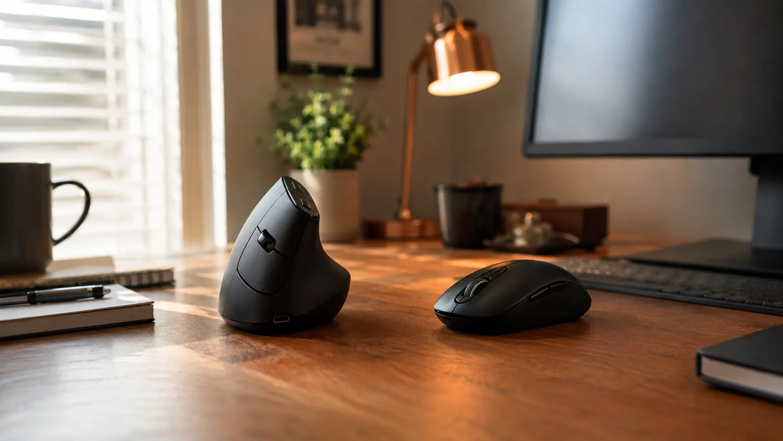Split scene showing a vertical ergonomic mouse beside a standard flat mouse on a home office desk