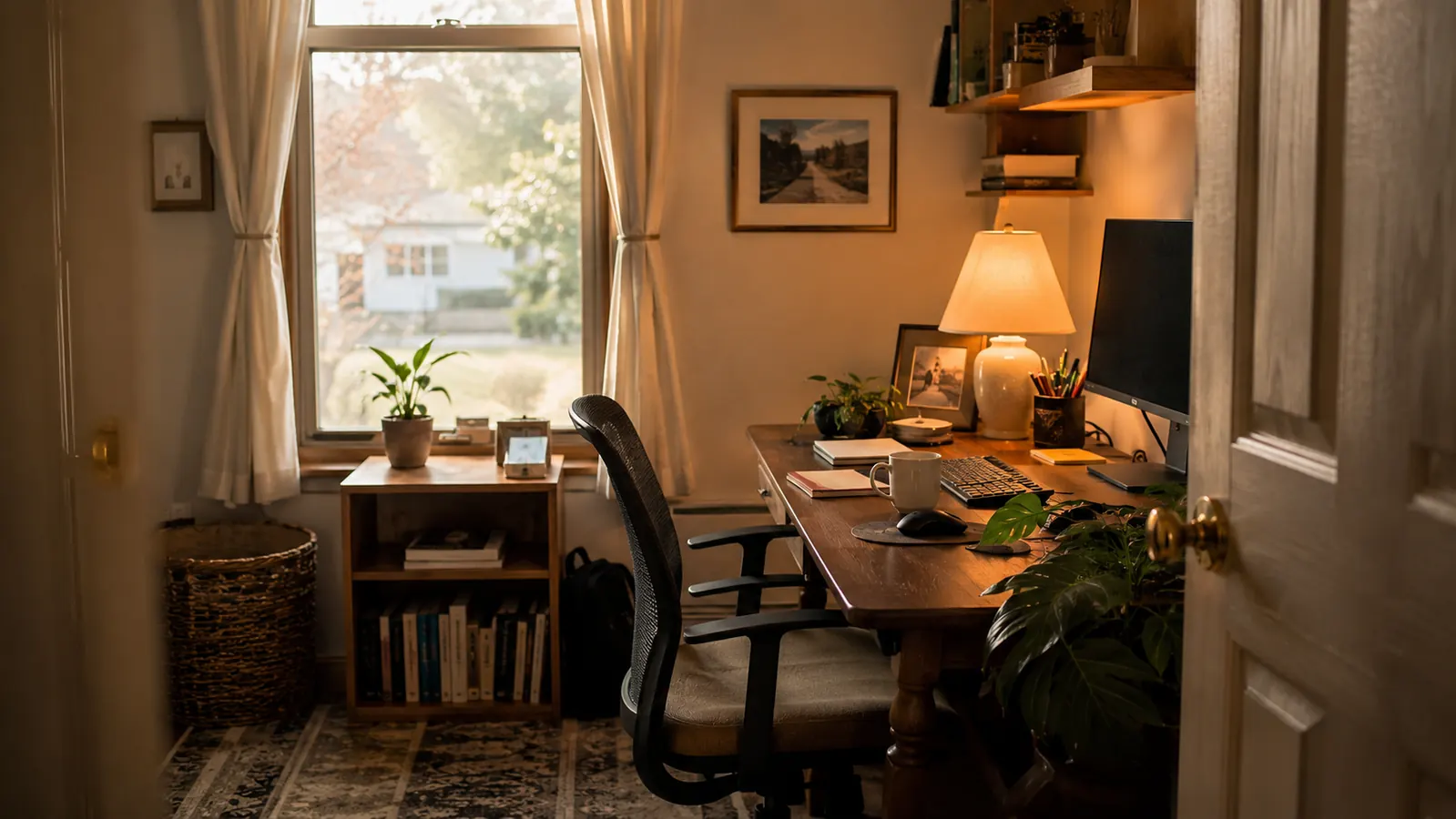 A quiet spare bedroom home office at dusk, desk lamp on, chair pushed in, laptop closed for the day