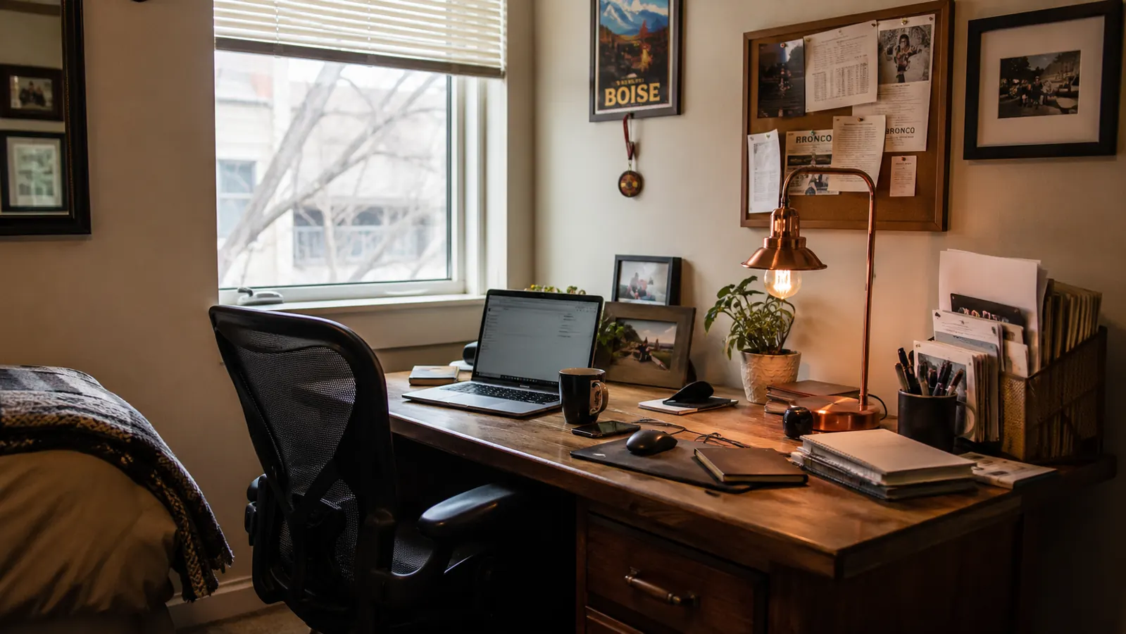 A small spare-bedroom home office in soft morning light, desk against the wall with a laptop and a mesh office chair pulled in close