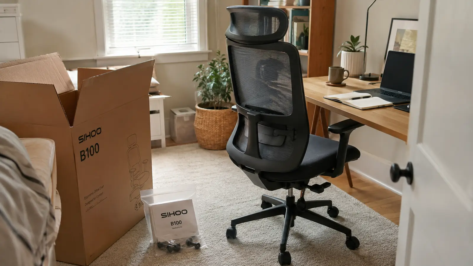 SIHOO B100 mesh office chair freshly assembled in a small spare-bedroom home office with packaging materials nearby