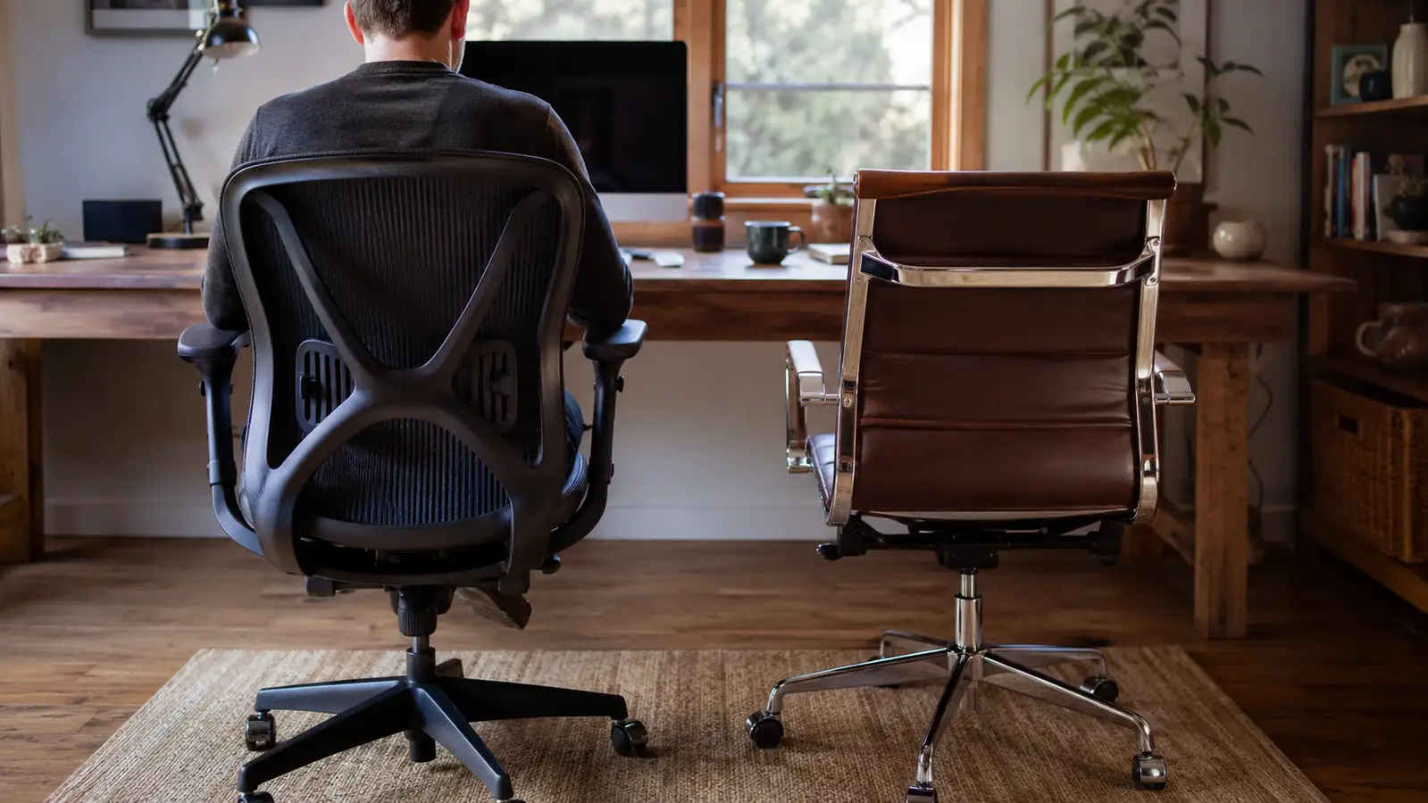 Split scene showing a budget mesh office chair beside a premium ergonomic office chair in a home office