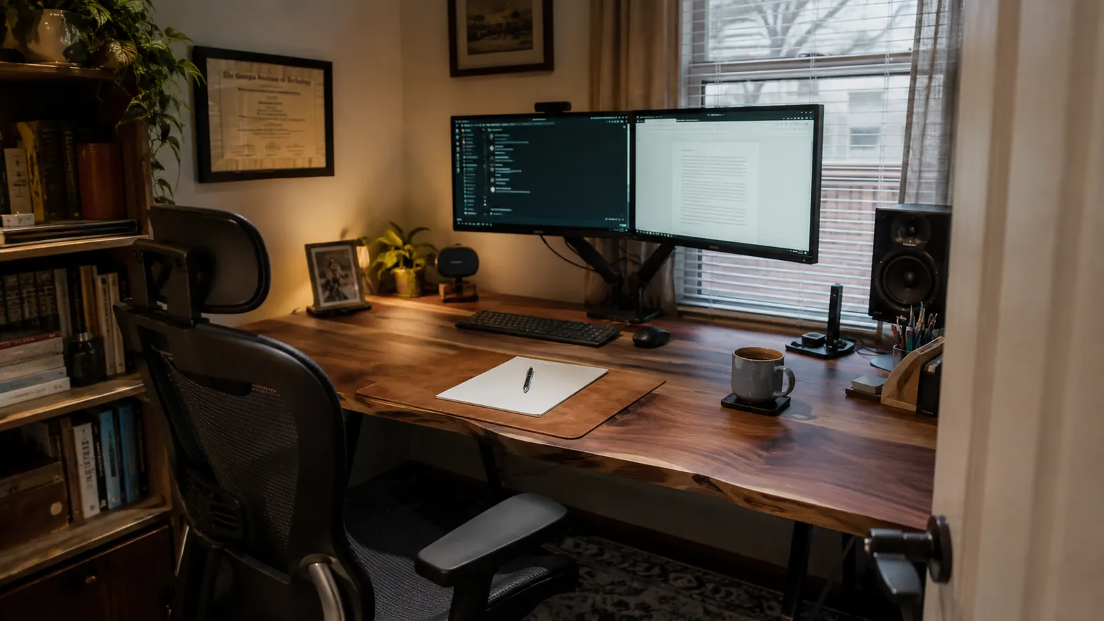 Reclaimed desk surface with a notepad and folders next to dual monitors raised on arms