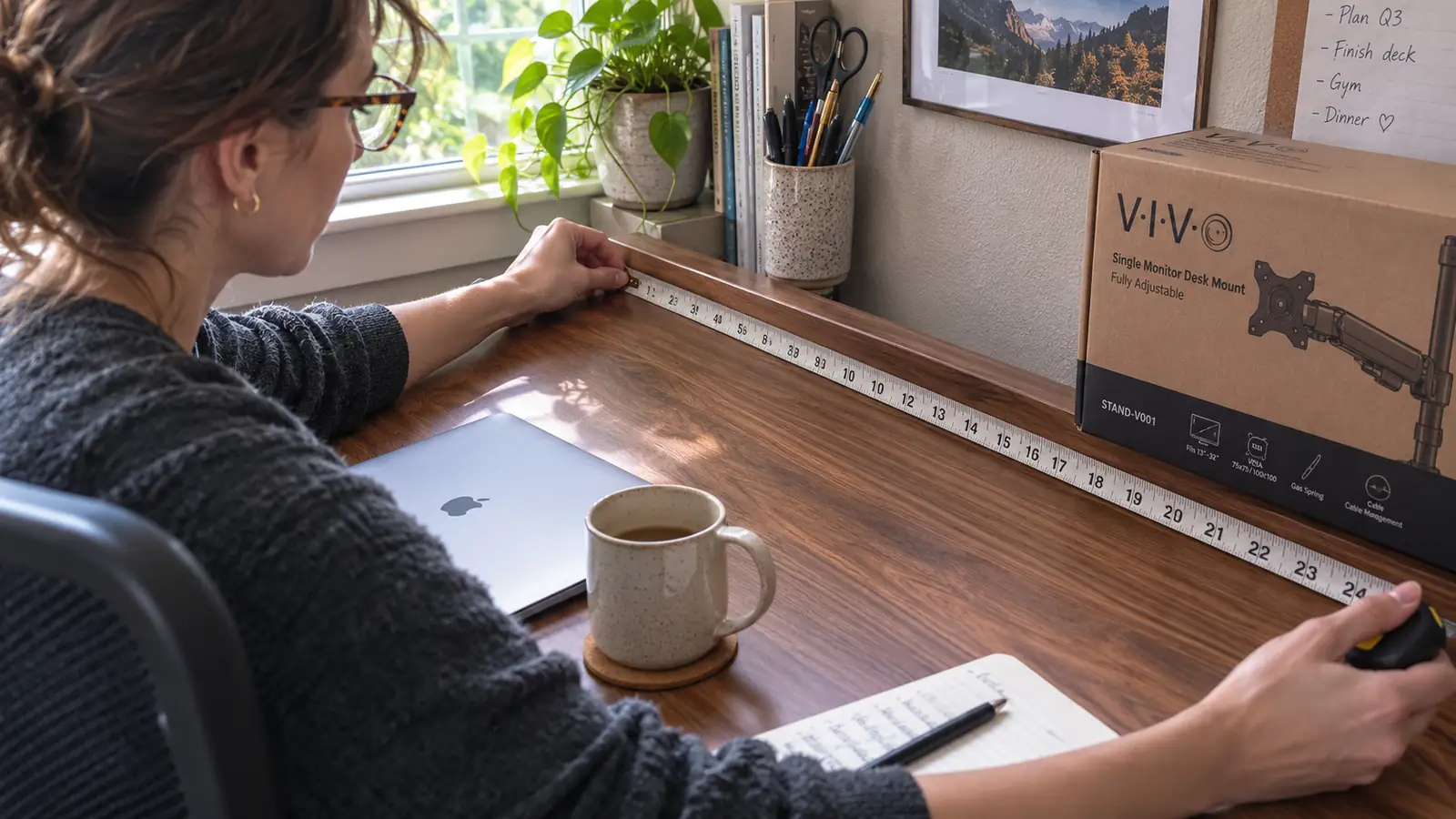 Tape measure laid across the back edge of a desk to check clearance before installing a VIVO dual monitor mount