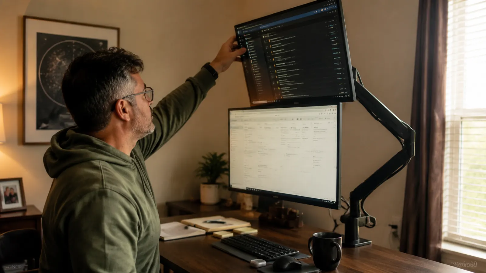 Person adjusting the tilt of one monitor on the VIVO dual mount while seated at a desk