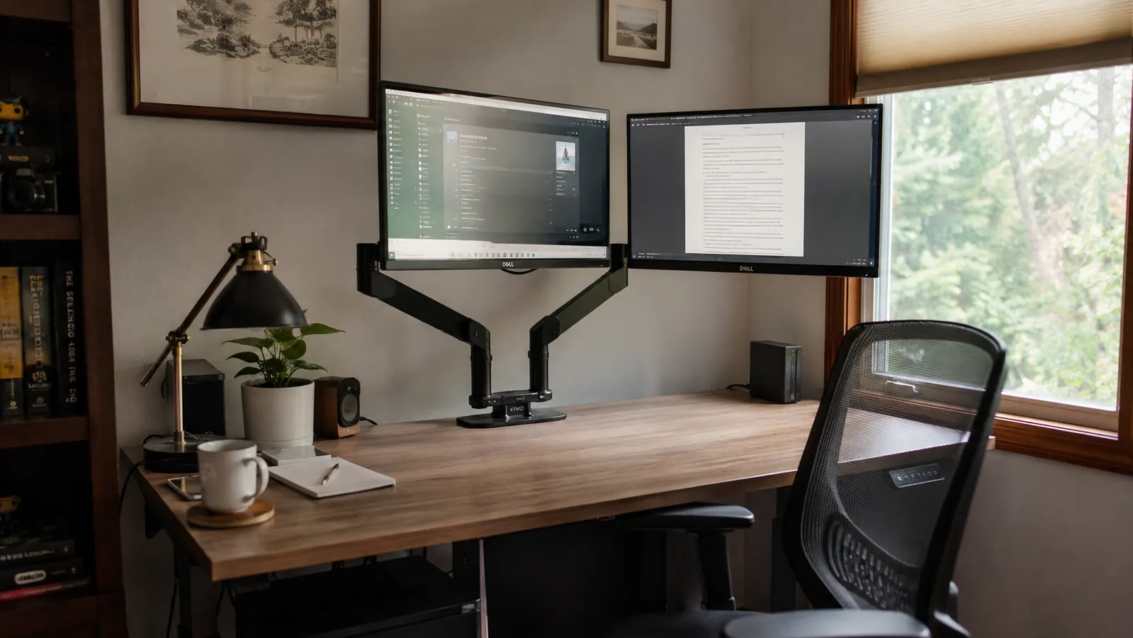 VIVO dual monitor mount holding two screens above a laminate desk in a small home office