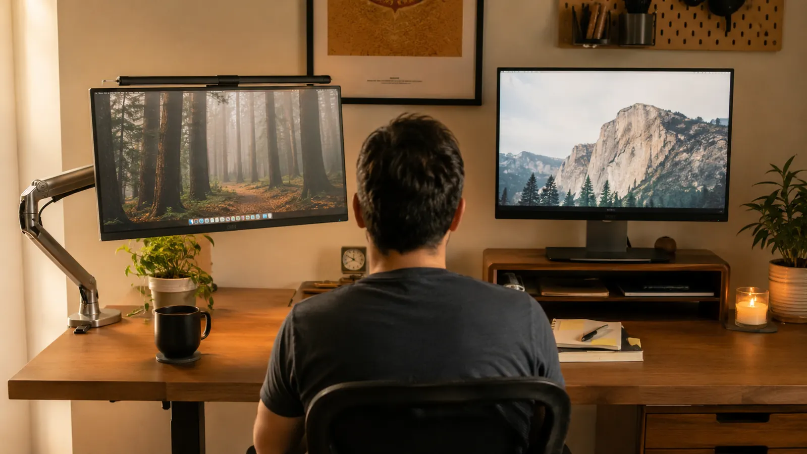 Split scene showing an adjustable monitor arm mount beside a simple wooden monitor riser shelf on a home desk